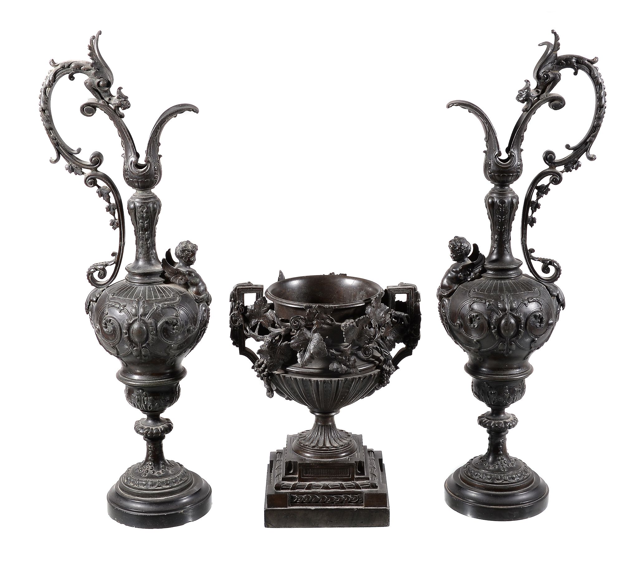 A pair of Continental patinated bronze models of ewers in the Renaissance style, circa 1880, each