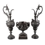 A pair of Continental patinated bronze models of ewers in the Renaissance style, circa 1880, each
