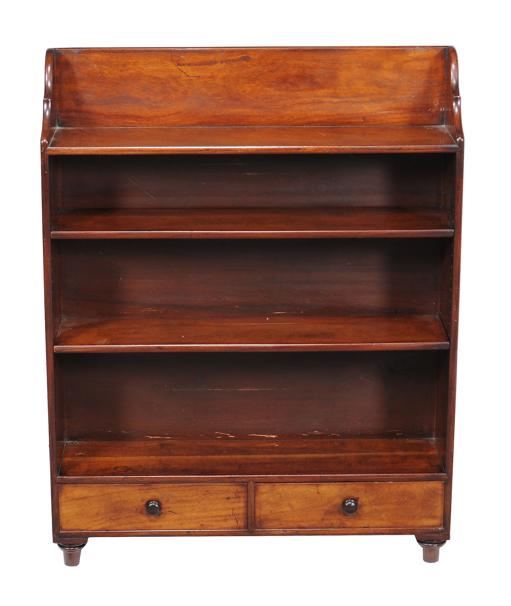 A William IV mahogany waterfall bookcase, circa 1835, with two adjustable shelves above two short