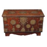 A Zanzibar metal mounted and studded hardwood coffer , of small proportion, on a later plinth base,
