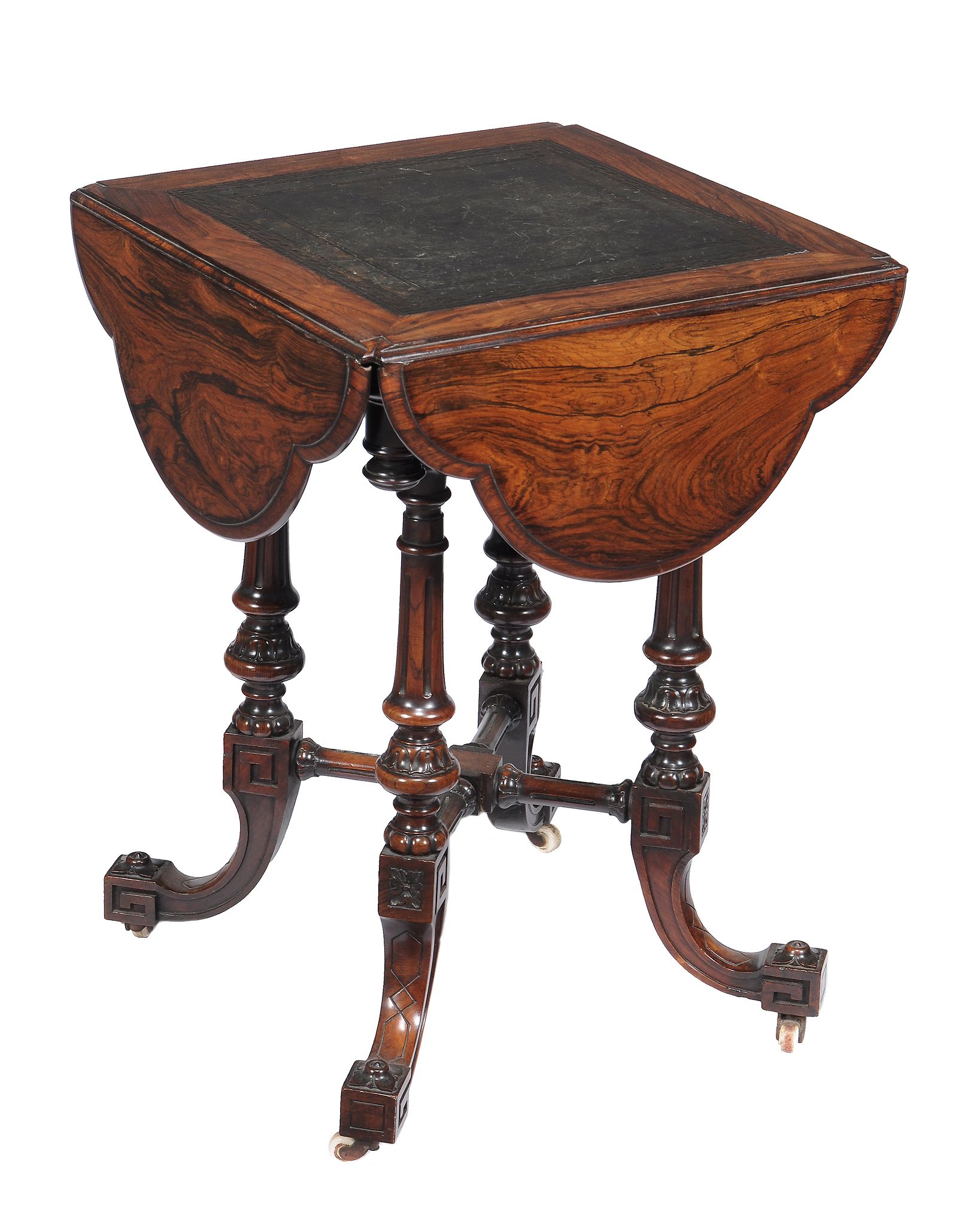 Ω A Victorian rosewood games table, circa 1860, the leather inset top with a hinged leaf to each - Image 2 of 3