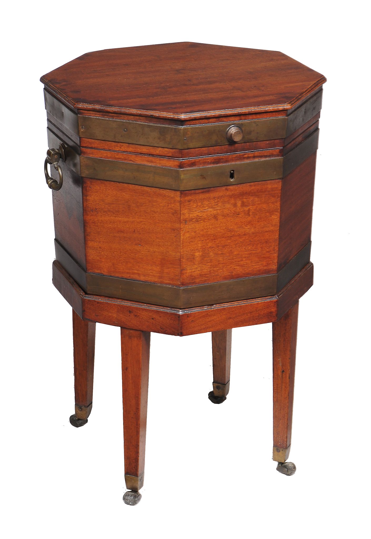 A George III mahogany and brass bound wine cooler , circa 1780, of octagonal form, with lead lined