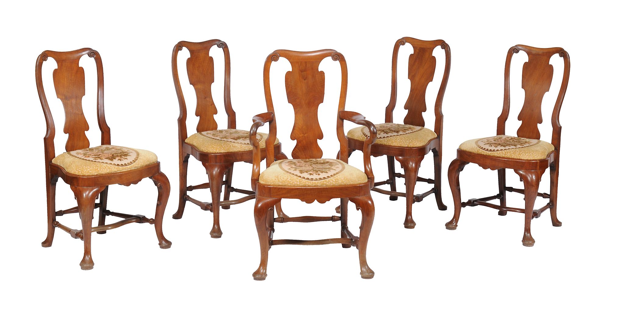 A set of five solid walnut dining chairs in George I style , first quarter 20th century, to include