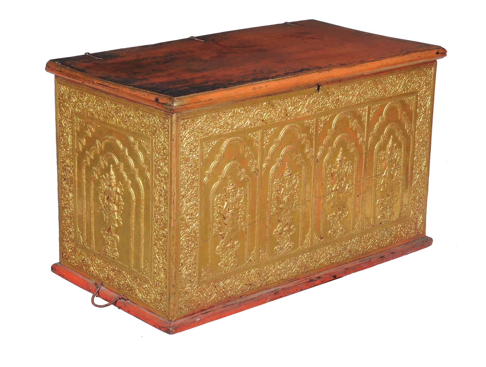 A Siamese red lacquered and gilt hardwood coffer , 74cm high, 120cm wide, 65cm deep