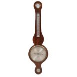 A flame mahogany wheel barometer, L. Caminada, 19th century, with dry/damp dial above silvered