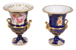 Two similar Coalport blue-scale ground campagna urns , circa 1820, each painted with panels of