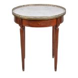 A French walnut occasional table , 20th century, the marble top and gallery above two short drawers