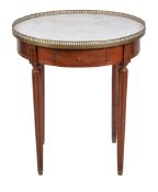 A French walnut occasional table , 20th century, the marble top and gallery above two short drawers