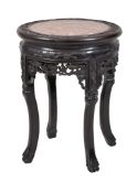 A Chinese hardwood stand, with pink inset marble top, 52cm high, 42cm diameter Provenance: 9, The