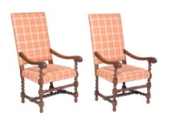 A pair of carved oak and upholstered chairs in early 18th century style , 20th century,