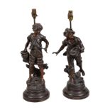 After Louis Auguste and Francois Moreau, a pair of spelter figural lamp bases, early 20th century,