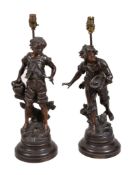 After Louis Auguste and Francois Moreau, a pair of spelter figural lamp bases, early 20th century,