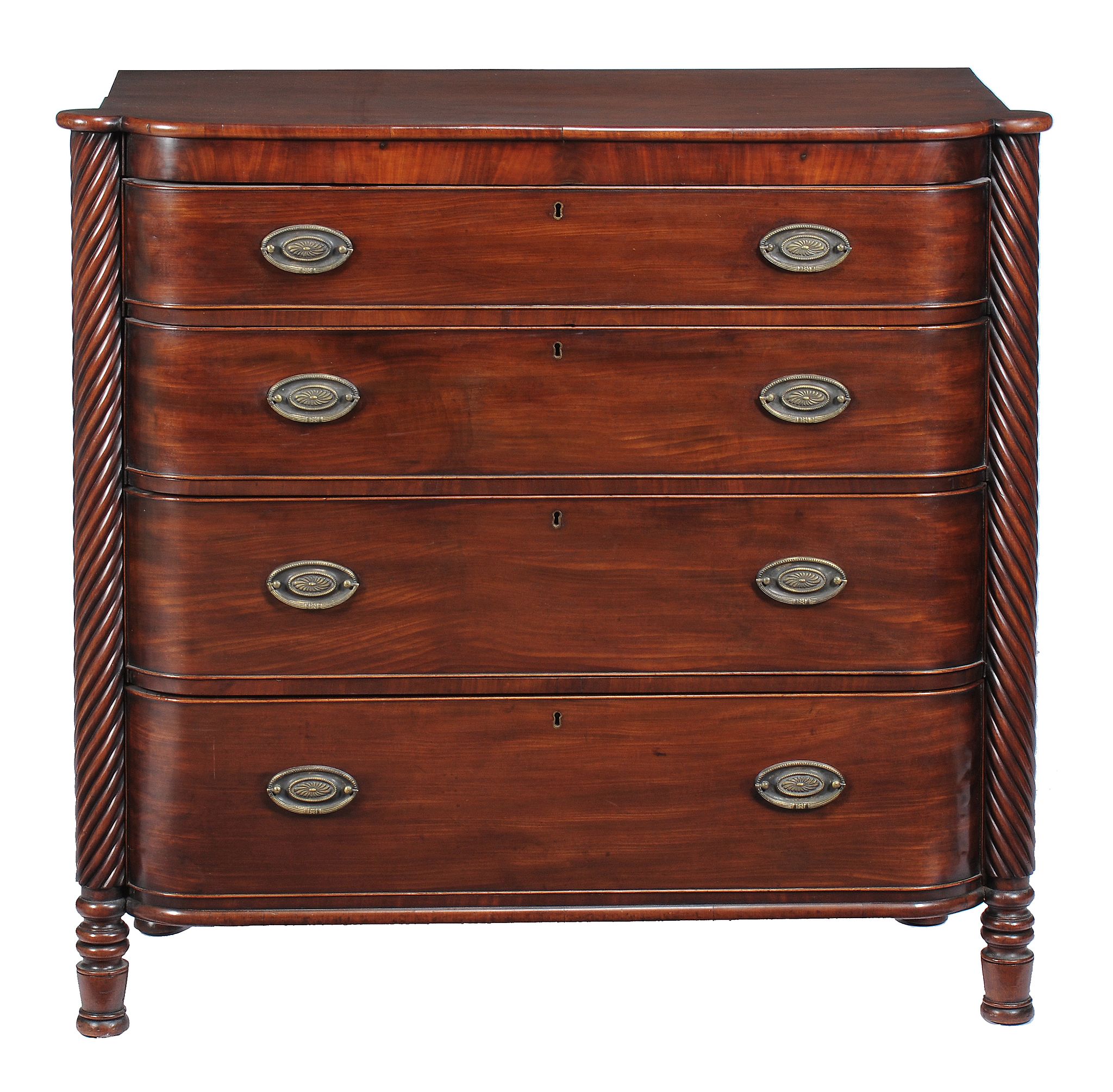 A George IV mahogany chest of drawers, circa 1825, the drawers flanked by spiral turned pilasters,