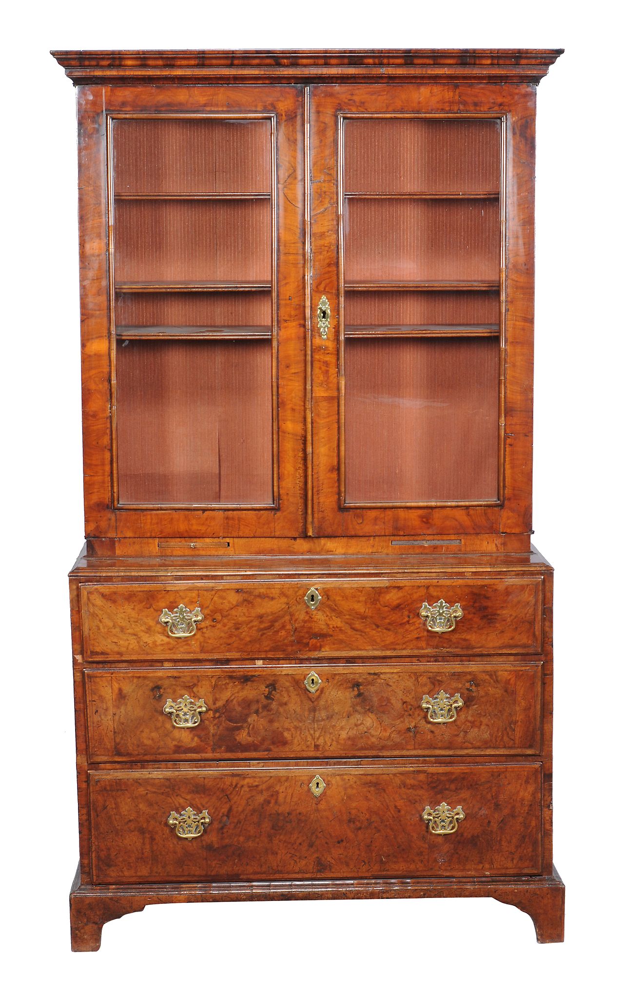 A walnut feather banded bookcase cabinet , circa 1740 and later, the associated cabinet top with