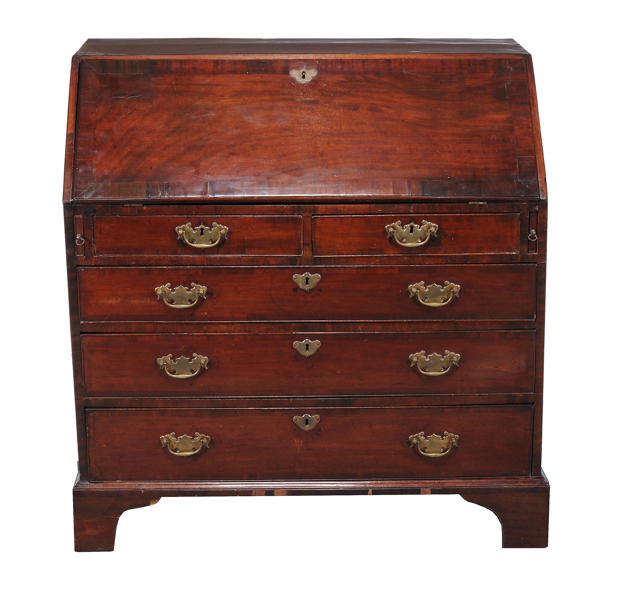 A George III mahogany bureau , circa 1780, the fall enclosing an inlaid fitted interior with