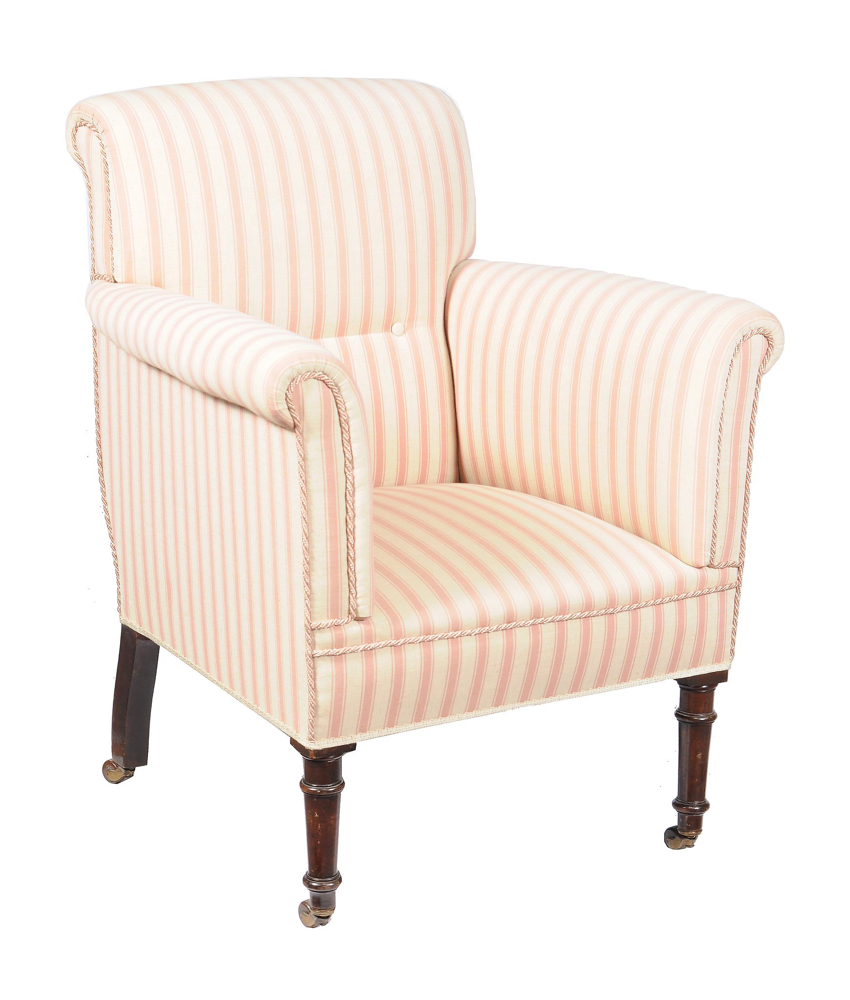 A George IV mahogany and upholstered armchair , circa 1825, with scrolled back and arms above