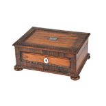 Ω A William IV rosewood and mother-of-pearl inlaid work box , circa 1835, with fitted interior,