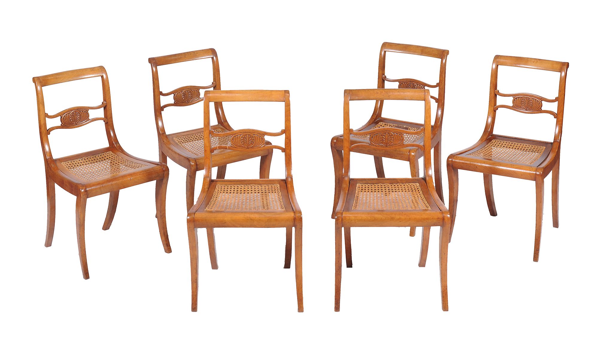 A set of twelve hardwood dining chairs , in Regency style, 19th century, each shaped rectangular