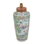 A Cantonese enamelled porcelain tapered cylindrical vase , 19th century, now fitted for electricity