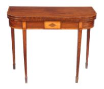 A George III mahogany and inlaid folding card table , circa 1790, 74cm high, 91cm wide, 43cm deep