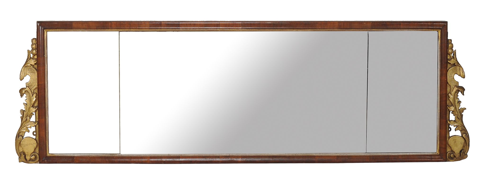 A George II walnut and parcel gilt triple plate wall mirror , circa 1740, 46cm high, 145cm wide