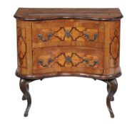 A South German walnut, burr walnut and parquetry commode , mid 18th century, of inverted serpentine