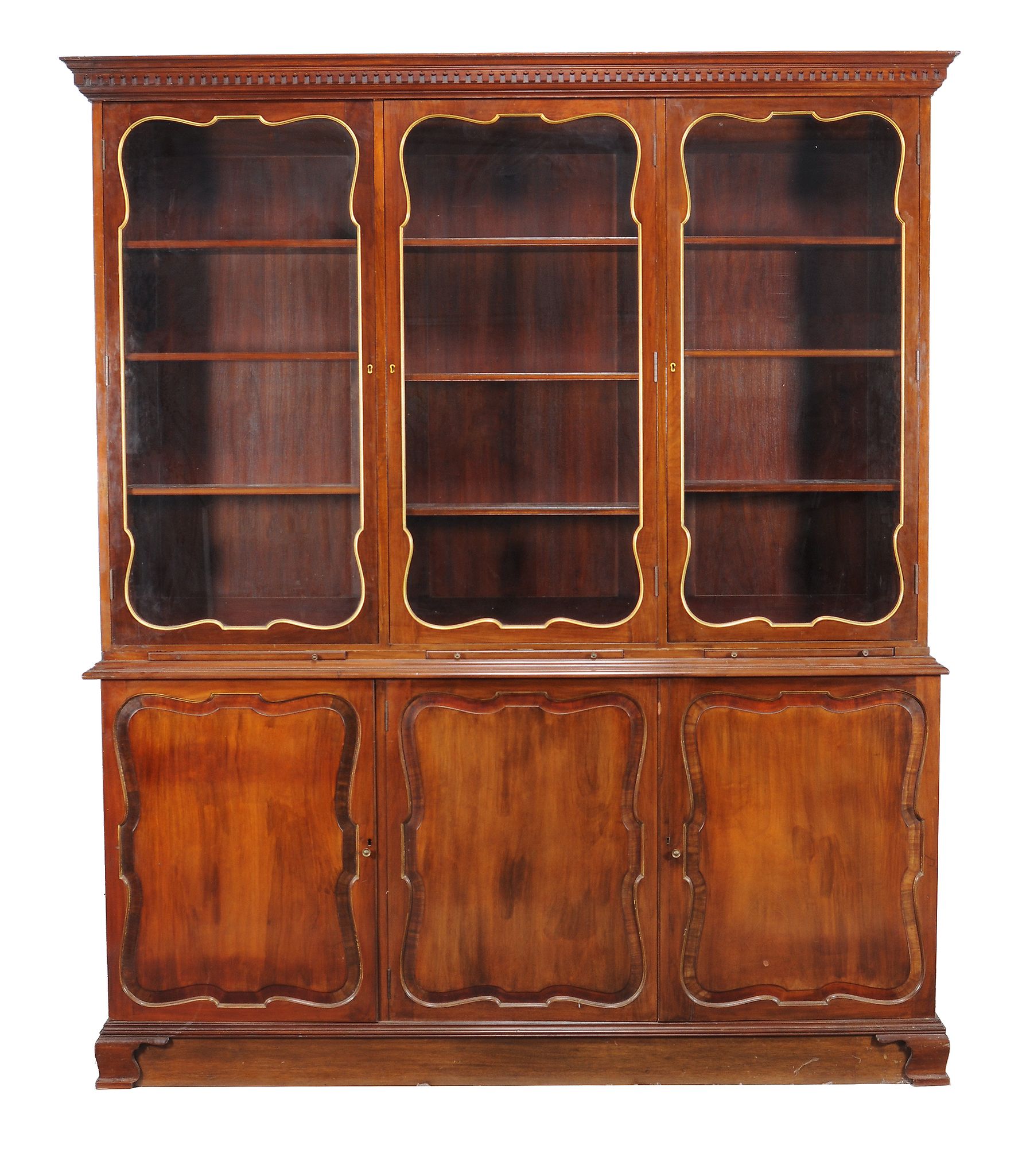 A French mahogany and parcel gilt cabinet bookcase , 20th century, the glazed doors enclosing