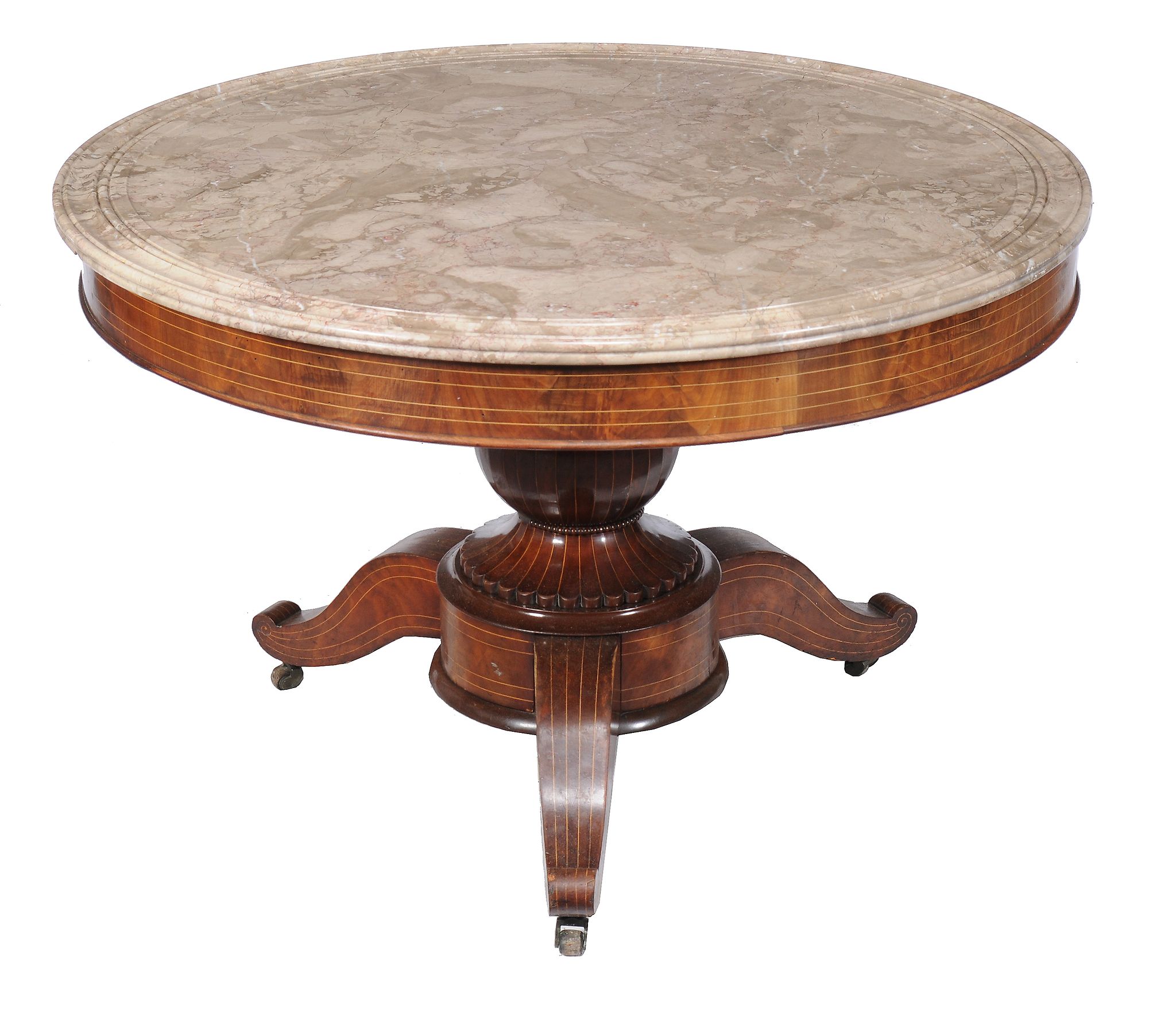 A French walnut, line inlaid, and marble topped centre table , mid 19th century, 72cm high, the