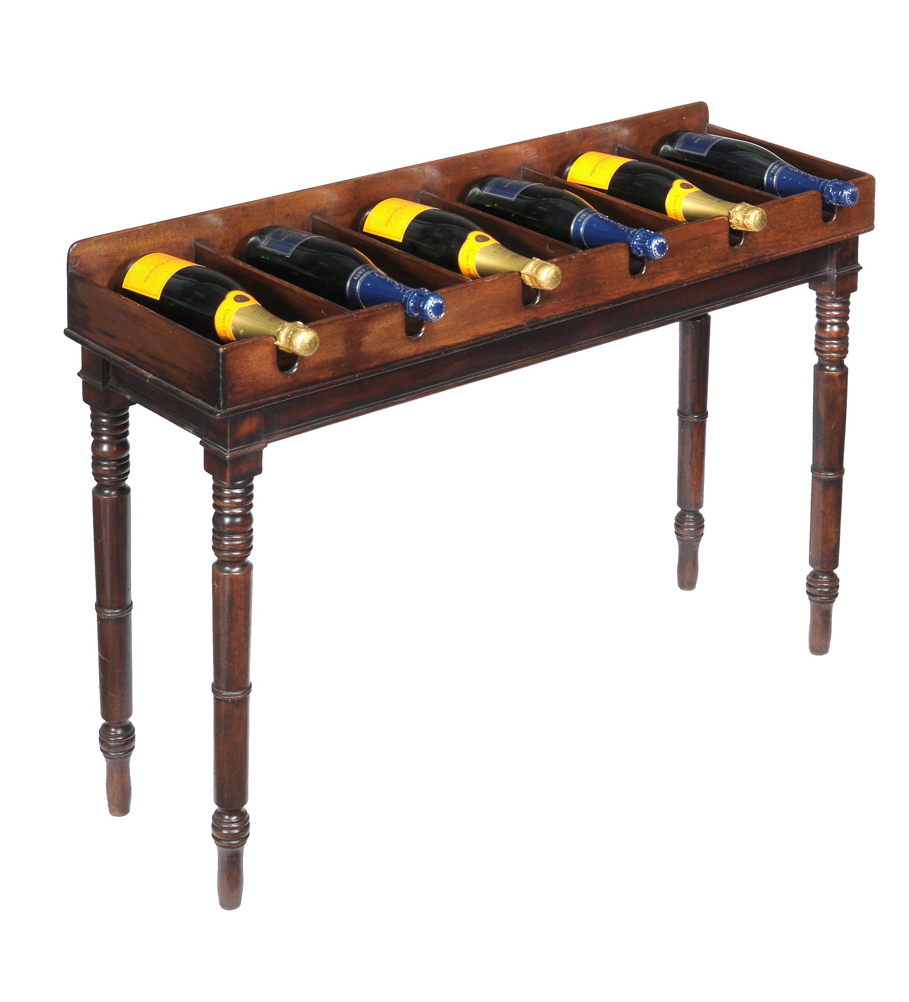 A mahogany bottle rack on stand, early 19th century and later, to take six bottles, 77cm high,