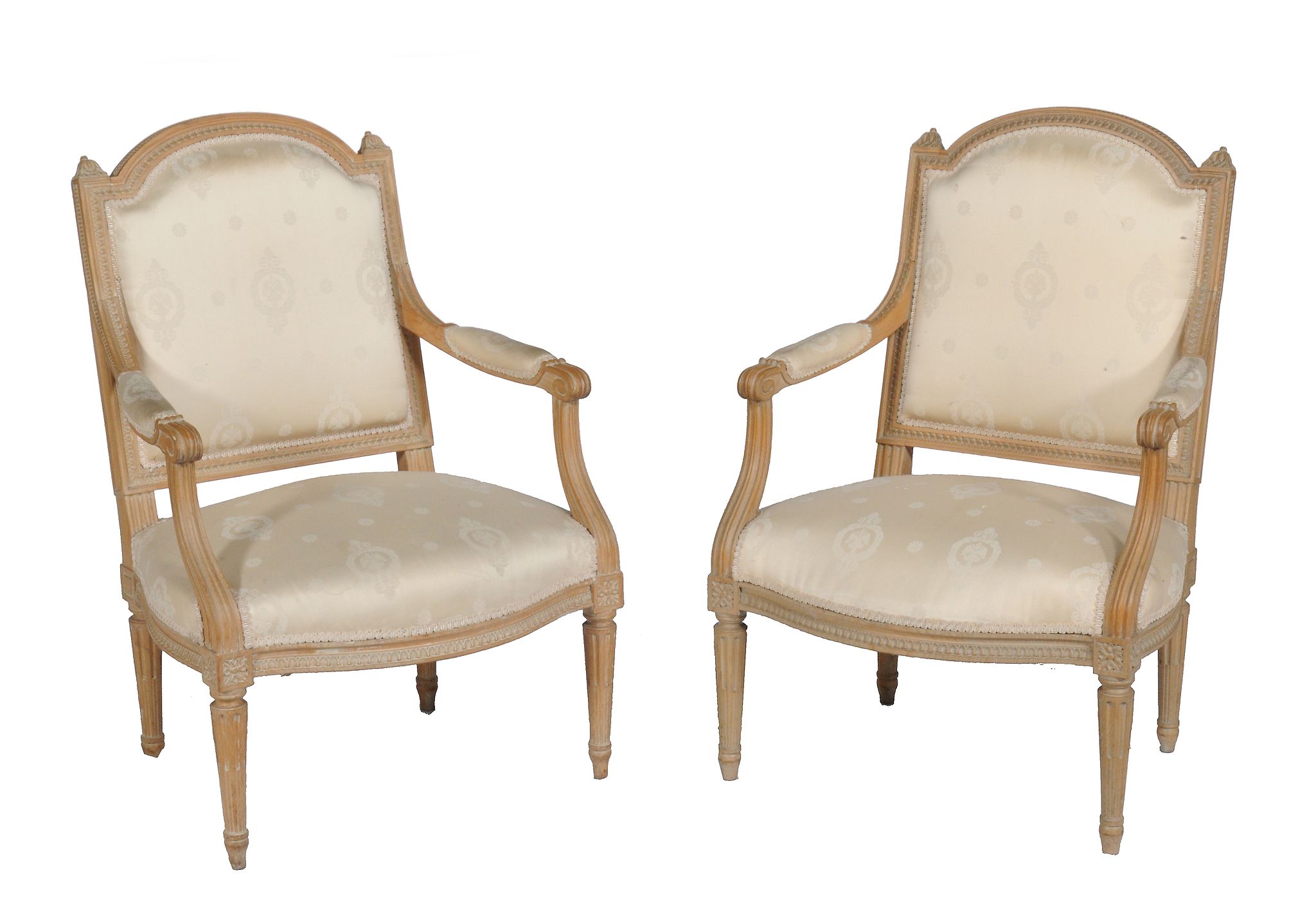 A pair of beech and cream silk upholstered fauteuils in Louis XVI style , 20th century, each 96cm