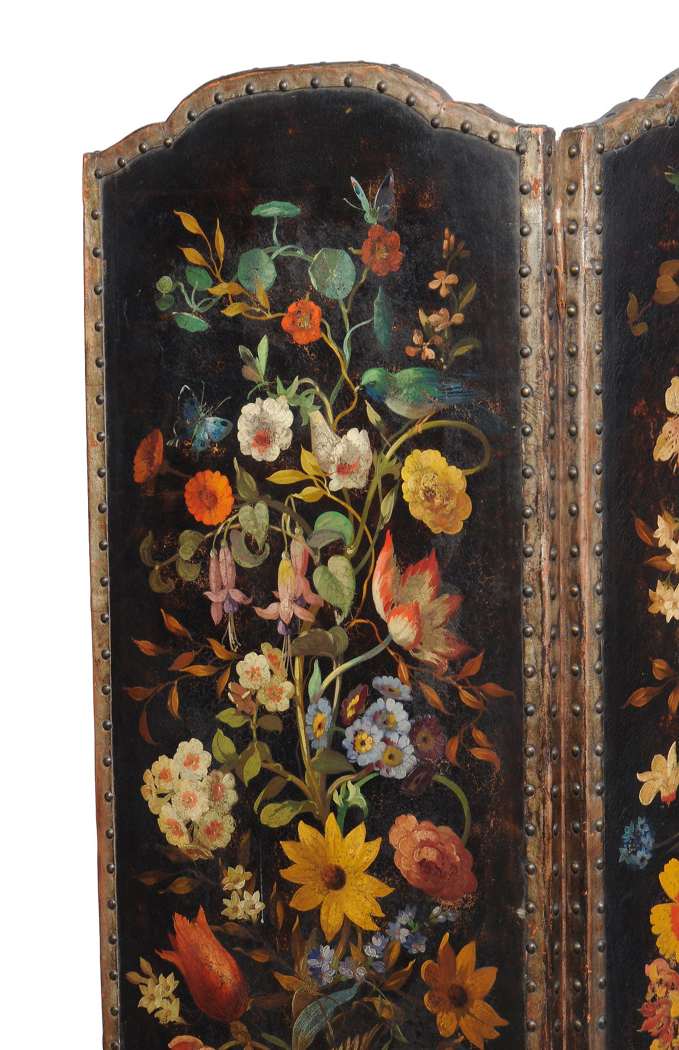 A Victorian painted leather room screen , circa 1860, each panel with painted floral decoration, - Image 2 of 2