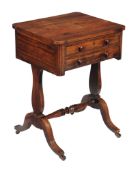 Ω A William IV rosewood work table , circa 1830, with two drawers, 70cm high, 51cm wide, 43cm