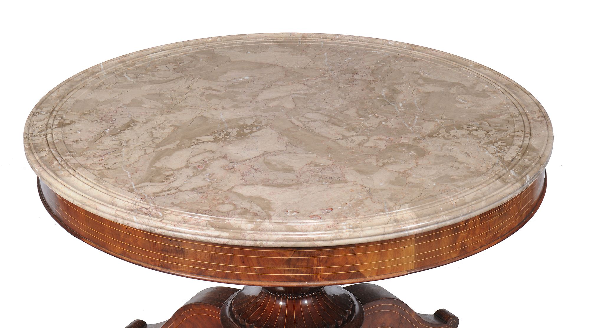 A French walnut, line inlaid, and marble topped centre table , mid 19th century, 72cm high, the - Image 2 of 2