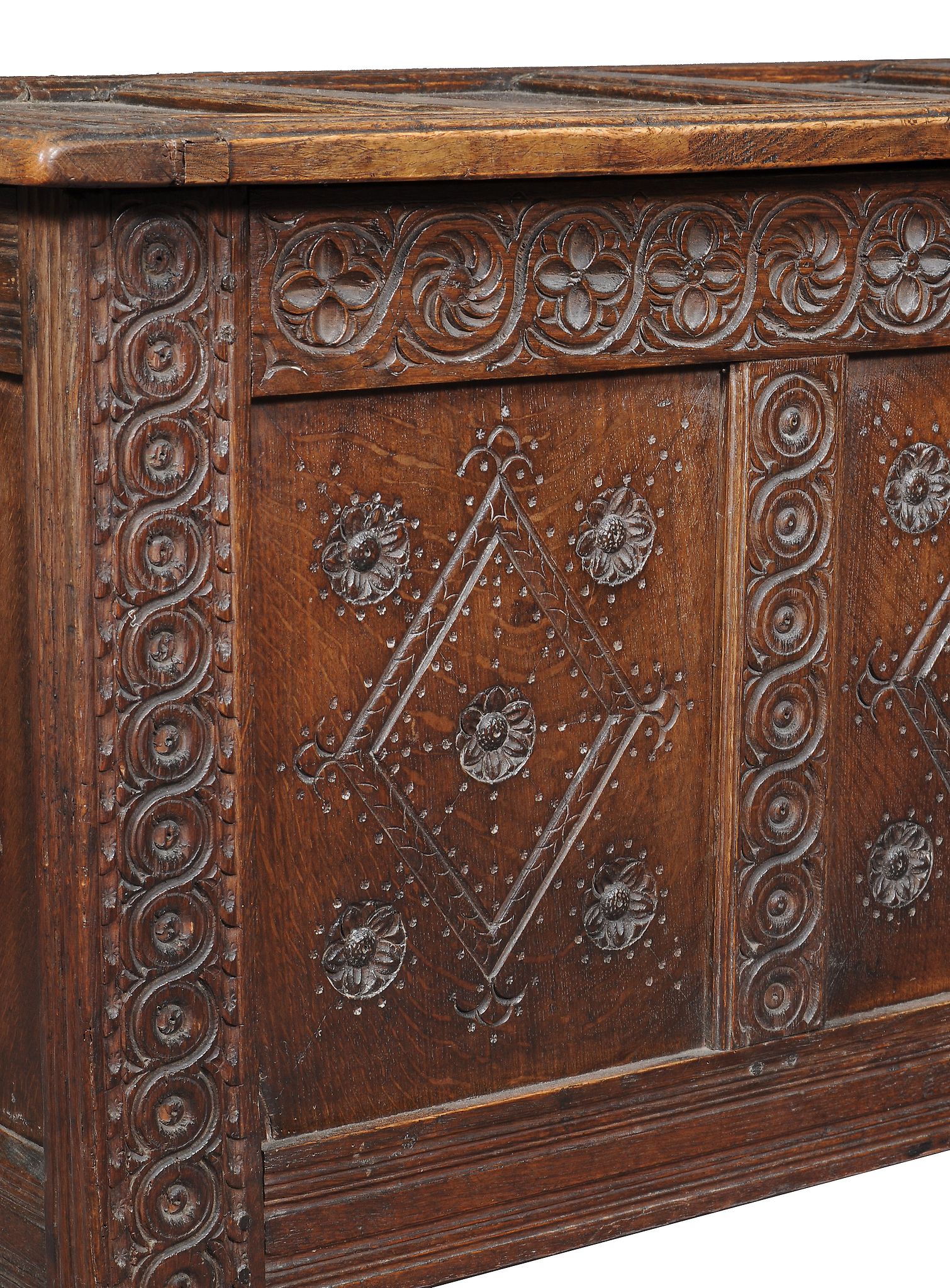 An oak coffer , the associated four panel lid above an earlier carved three panel base, 73cm high, - Image 2 of 2