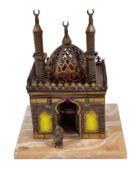 A gilt brass, glazed and onyx mounted table lamp in the form of a mosque, second quarter 20th