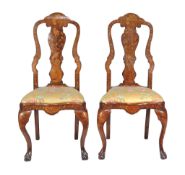 A pair of Dutch walnut and marquetry inlaid side chairs , late 18th century