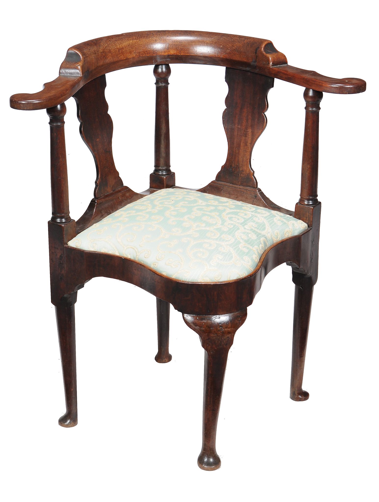 An early George III corner chair , circa 1760, with fiddle backs and columnar supports above shaped