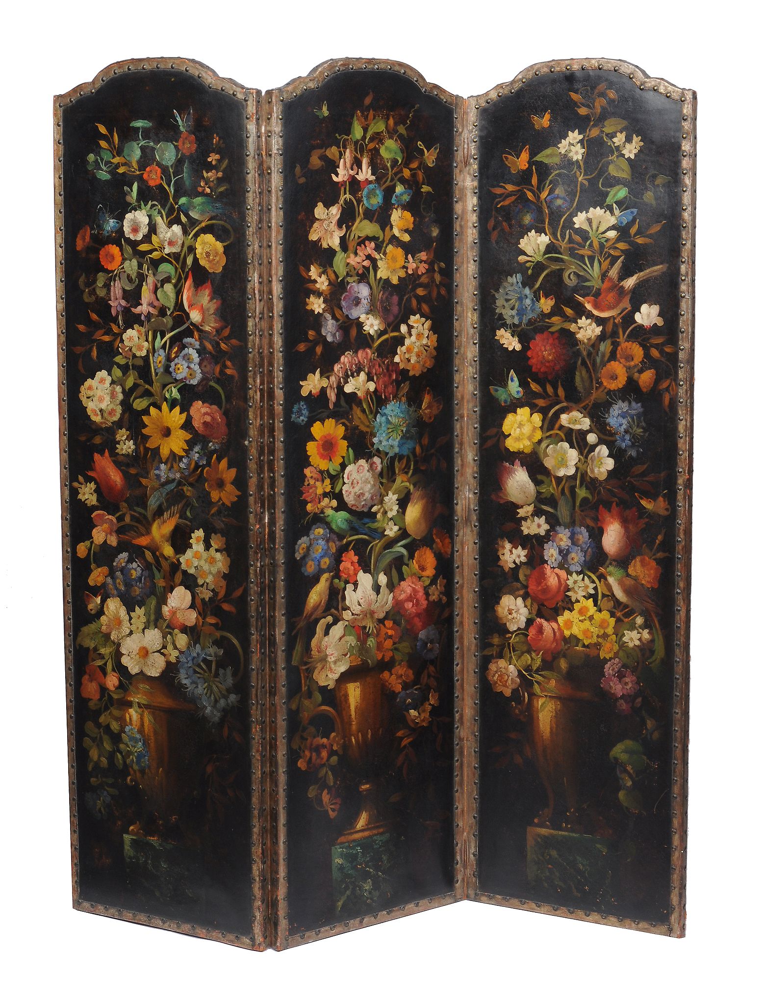 A Victorian painted leather room screen , circa 1860, each panel with painted floral decoration,