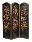 A Victorian painted leather room screen , circa 1860, each panel with painted floral decoration,