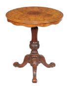 A mid-Victorian circular burr walnut pedestal table , circa 1870, the quarter bookmatched veneered