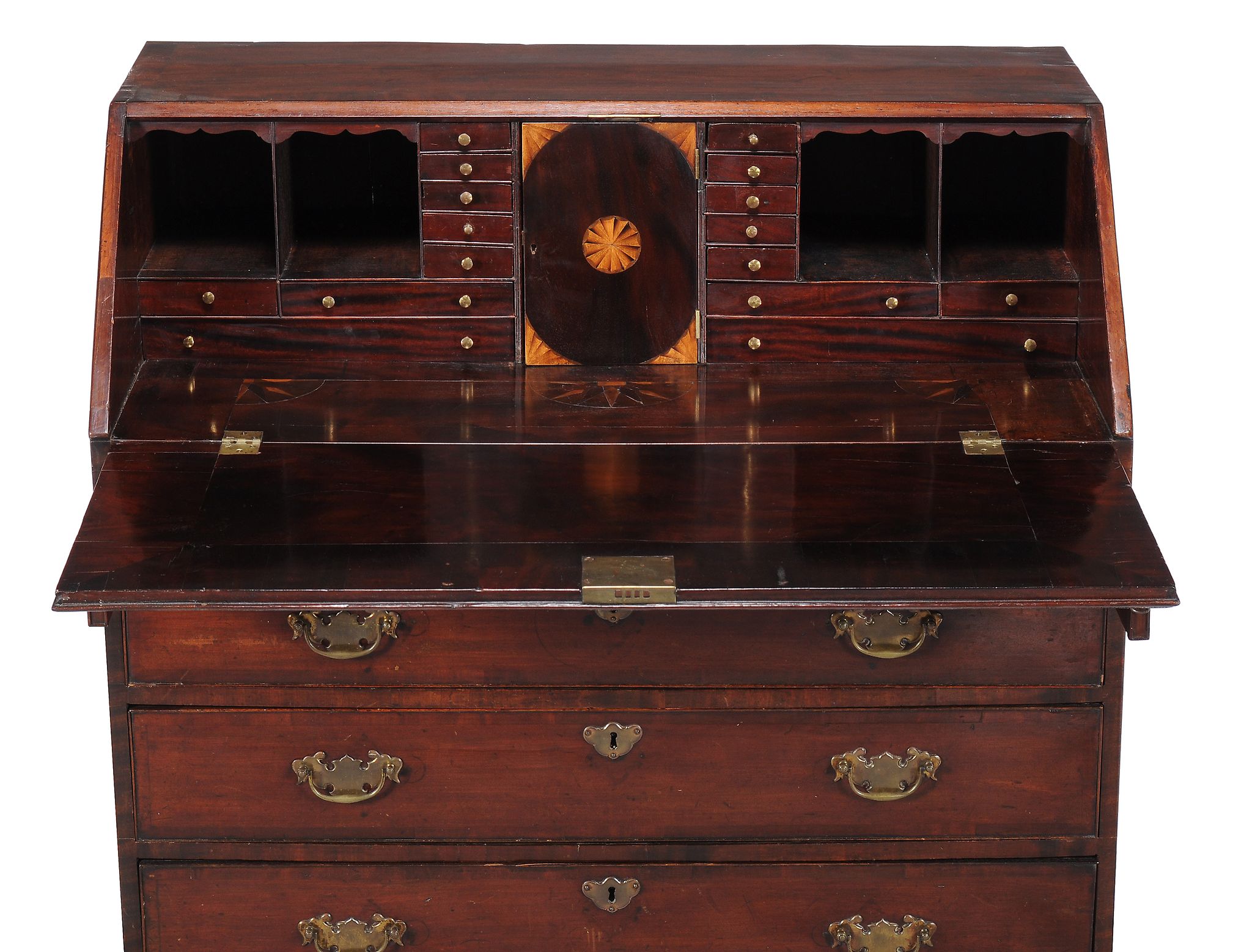 A George III mahogany bureau , circa 1780, the fall enclosing an inlaid fitted interior with - Image 2 of 2