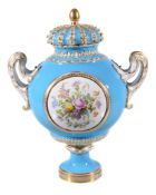 A Coalport bleu celeste ground Sevres-style two-handled urn and cover, circa 1855, painted in the