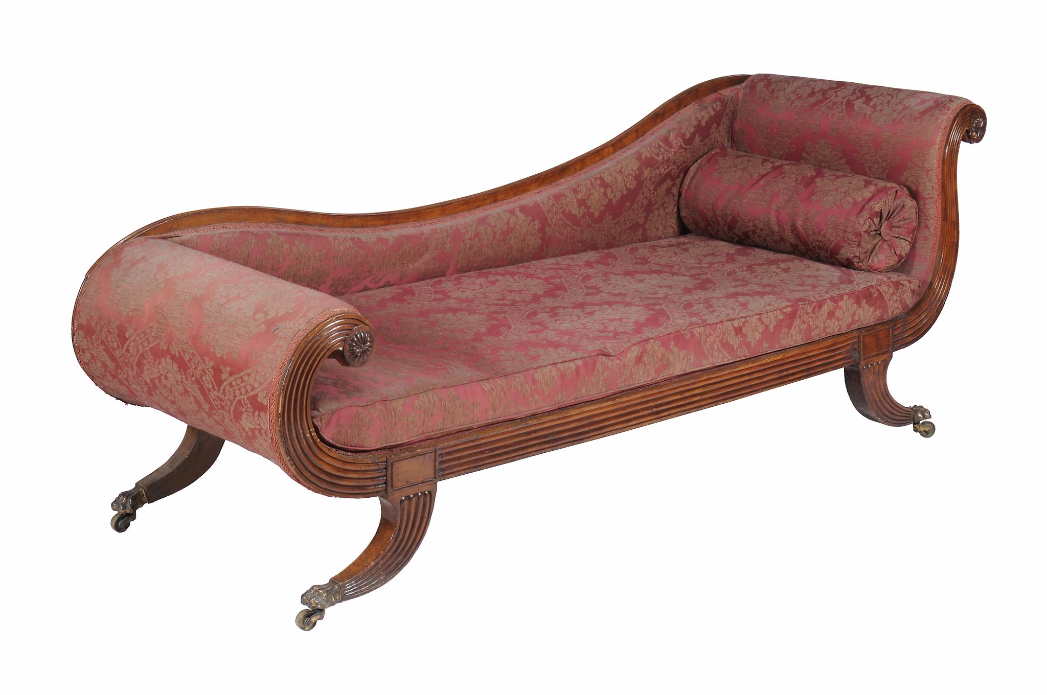 A George IV mahogany chaise longue , circa 1825, in the manner of Gillows, with scrolled ends and
