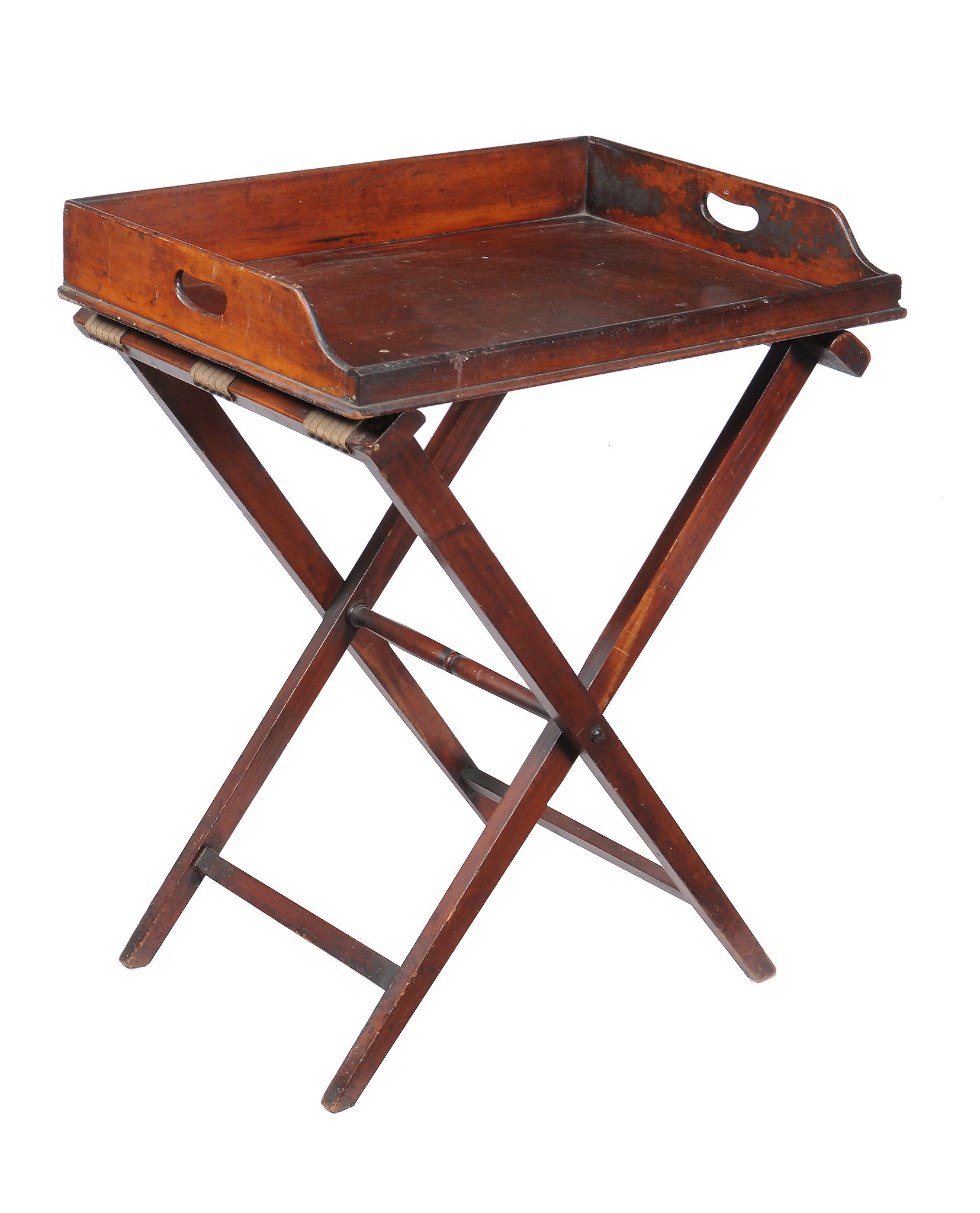 A George III mahogany butler's tray, late 18th century, on a folding X-frame stand, 85cm high