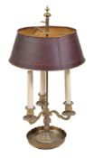 A French brass and tole peinte three light bouillotte lamp, late 19th century and later fitted for