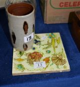 A Minton's pottery test tile for Barbotine colours, dated 1883 and a modern Studio pottery