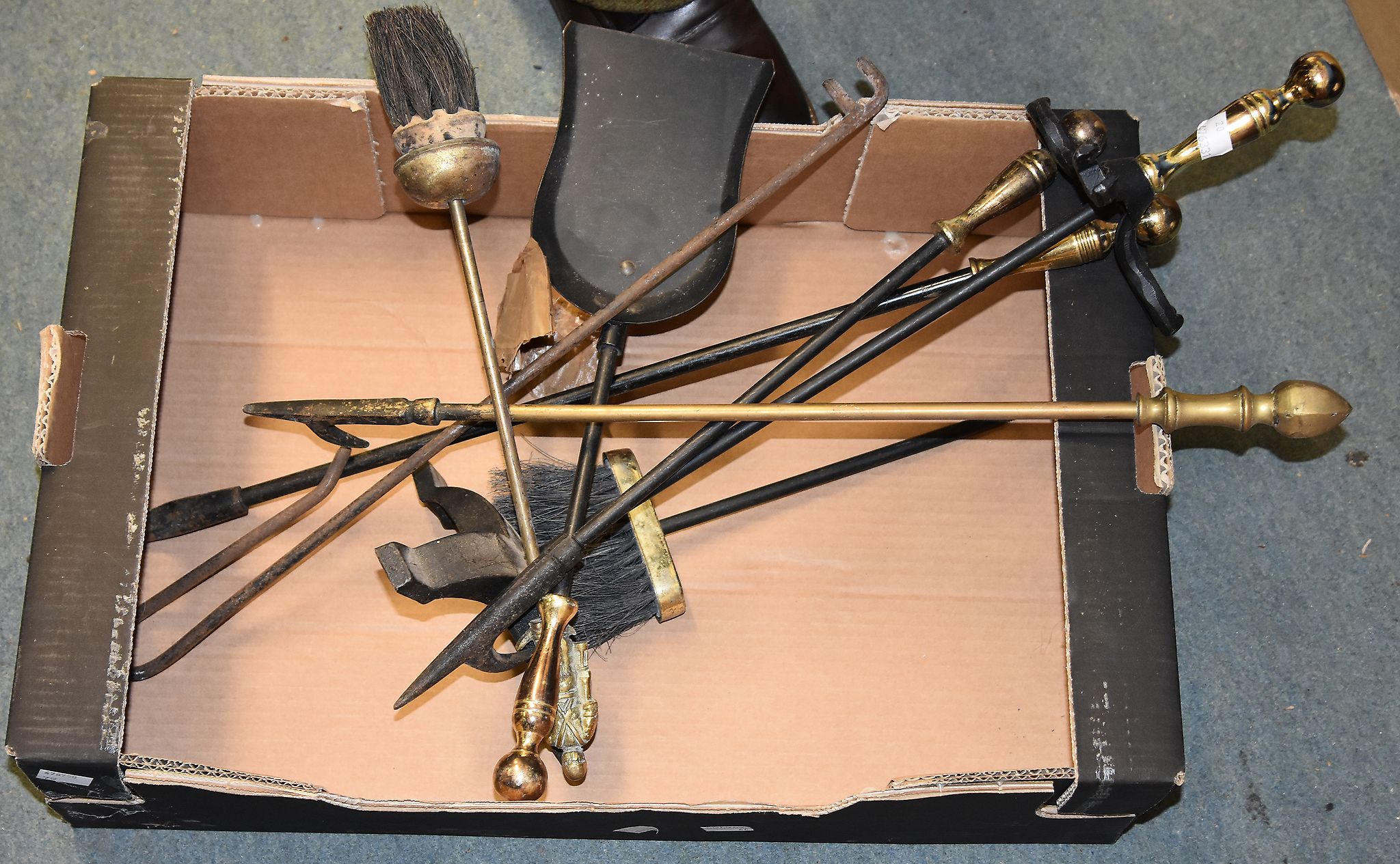 A small quantity of fire tools, including a modern black companion set, and two bed warming pans