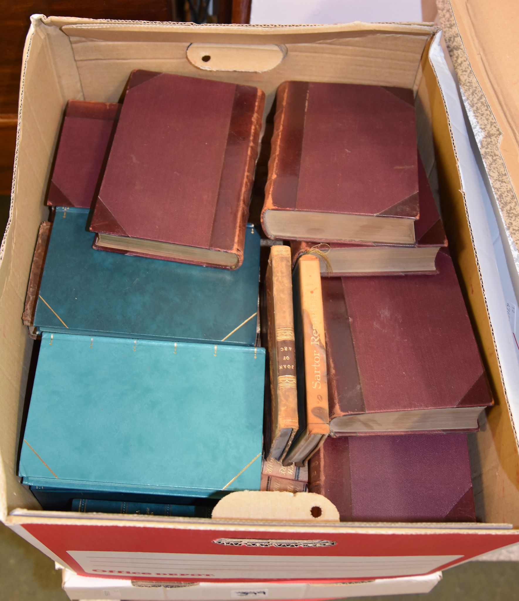 Six boxes containing a quantity of leather bindings and other books to include 24 volumes of
