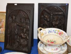 A set of four relief carved and stained wood panels depicting figural scenes, 20th century, 46 x