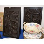 A set of four relief carved and stained wood panels depicting figural scenes, 20th century, 46 x